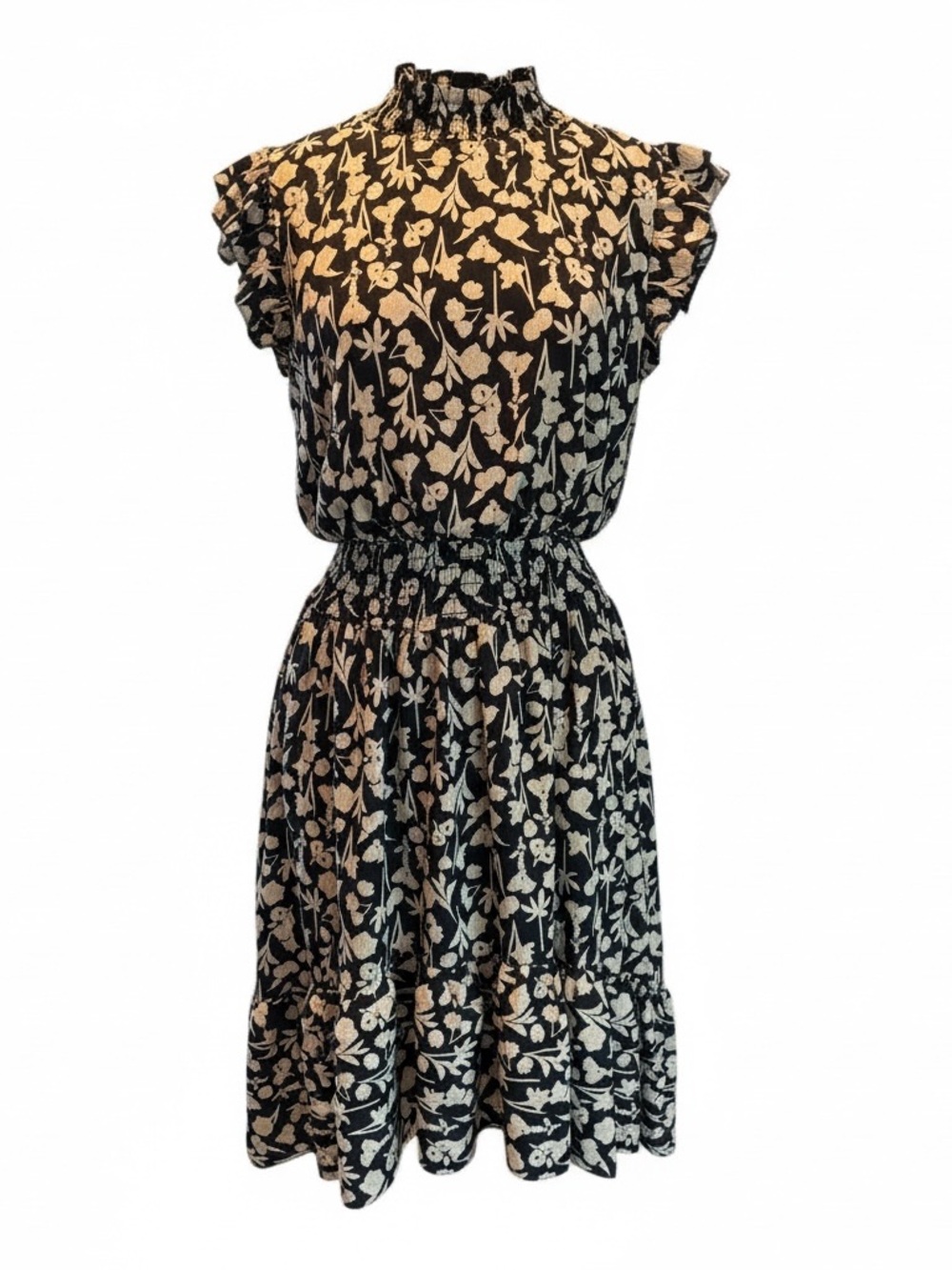 Saks Fifth Avenue Floral Smocked Mini Dress L Black Cream Ruffle Sleeve Boho